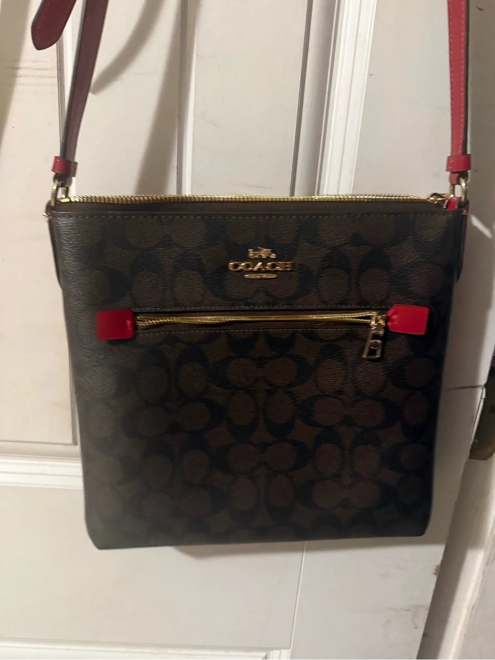 Coach Brown Signature Crossbody with Red Trim